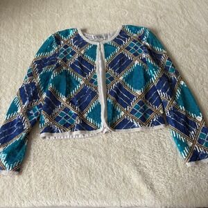 Niteline Della Roufogali Beaded Sequin Jacket Women's L Teal Geometric Pattern